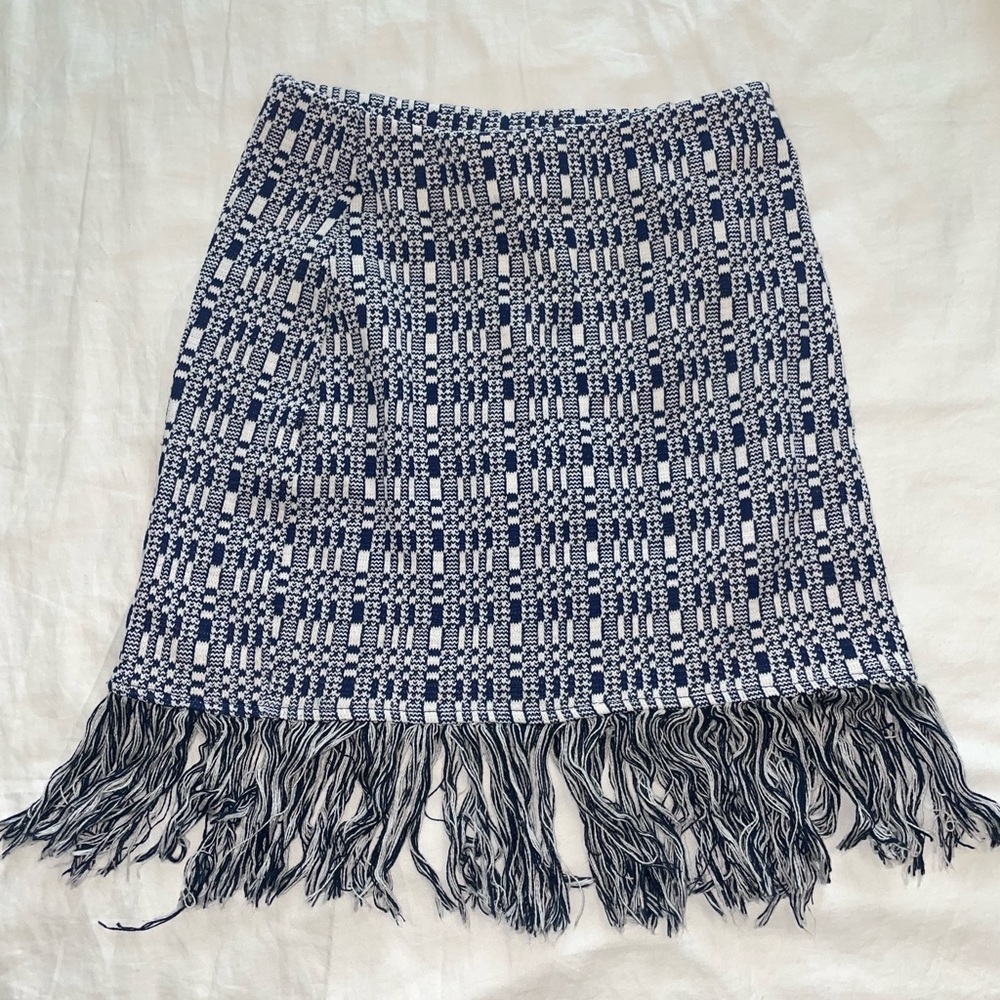 Zara Tweed Blue and White Knit Fringe Pull on Miniskirt
